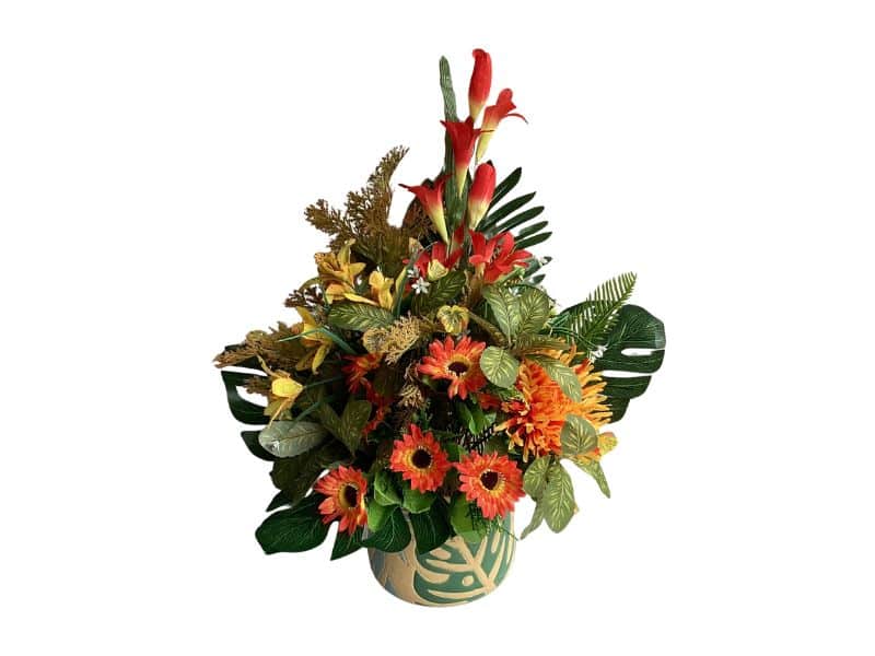 Orange, yellow and red artificial flower table decoration for hire in Auckland area