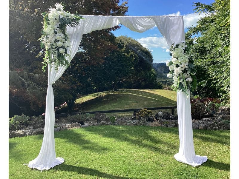 White Satin Draping for Wedding Arch available for hire now Auckland wide