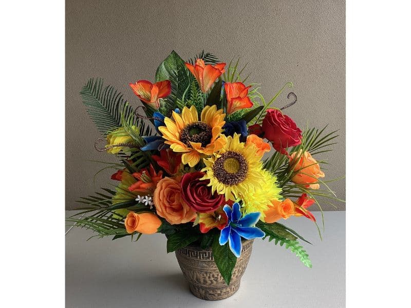 Artificial Flowers Table Decoration. Sunset Colours for Hire Auckland Wide
