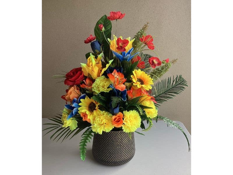 Artificial Flowers Table Decoration. Sunset Colours for Hire Auckland Wide