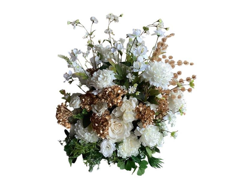 Wedding Flowers white and gold artificial for hire Auckland wide